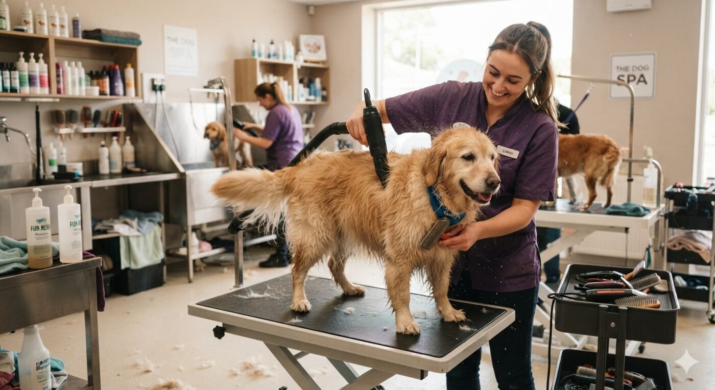 Pet being groomed at a spa